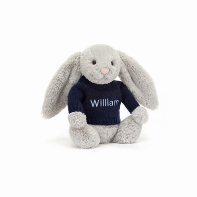 Jellycat Bashful Silver Bunny with Navy Jumper USA | 03514LTNF